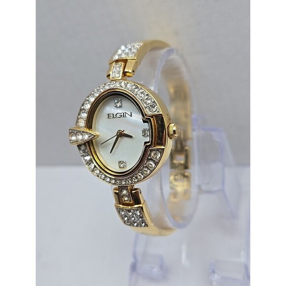 Elgin EG400 124 VJ21 Gold Tone Crystal Quartz Ladies Watch New Battery Vintage - Picture 2 of 11
